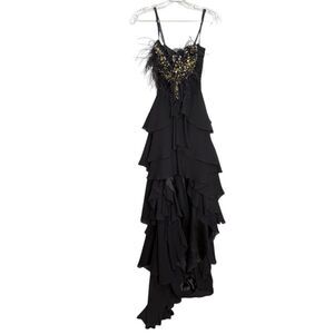 Night moves strapless long black tiered ruffle gown clear & yellow beads feather